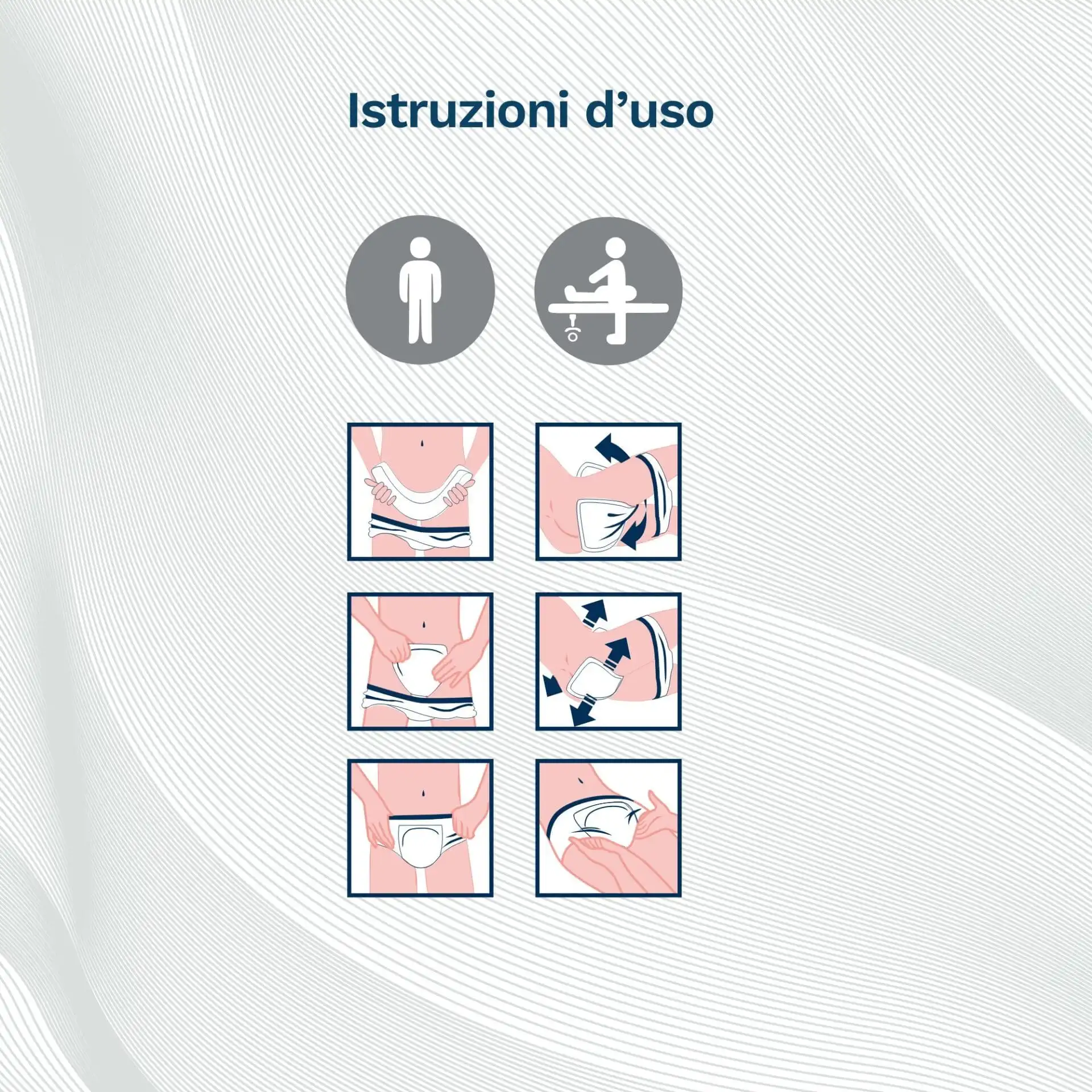 Istruzioni uso Egosan Pannoloni Rettangolari con Barriera, come indossare i Pannoloni stando in piedi o sdraiati