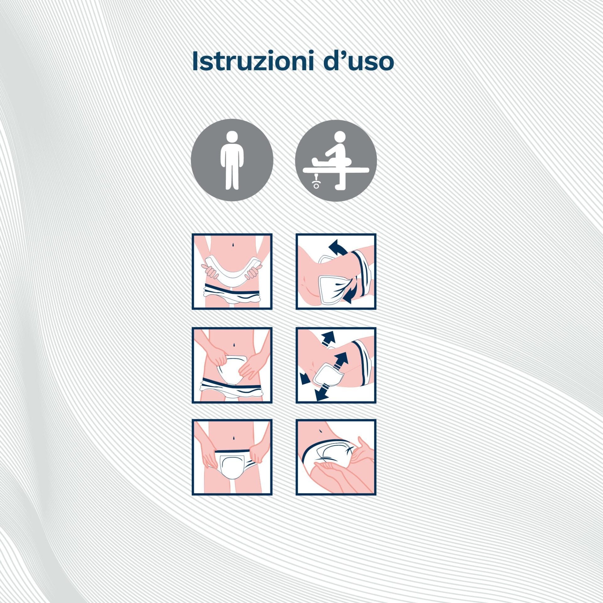 Istruzioni uso Egosan Pannoloni Rettangolari senza Barriera, come indossare i Pannoloni stando in piedi o sdraiati