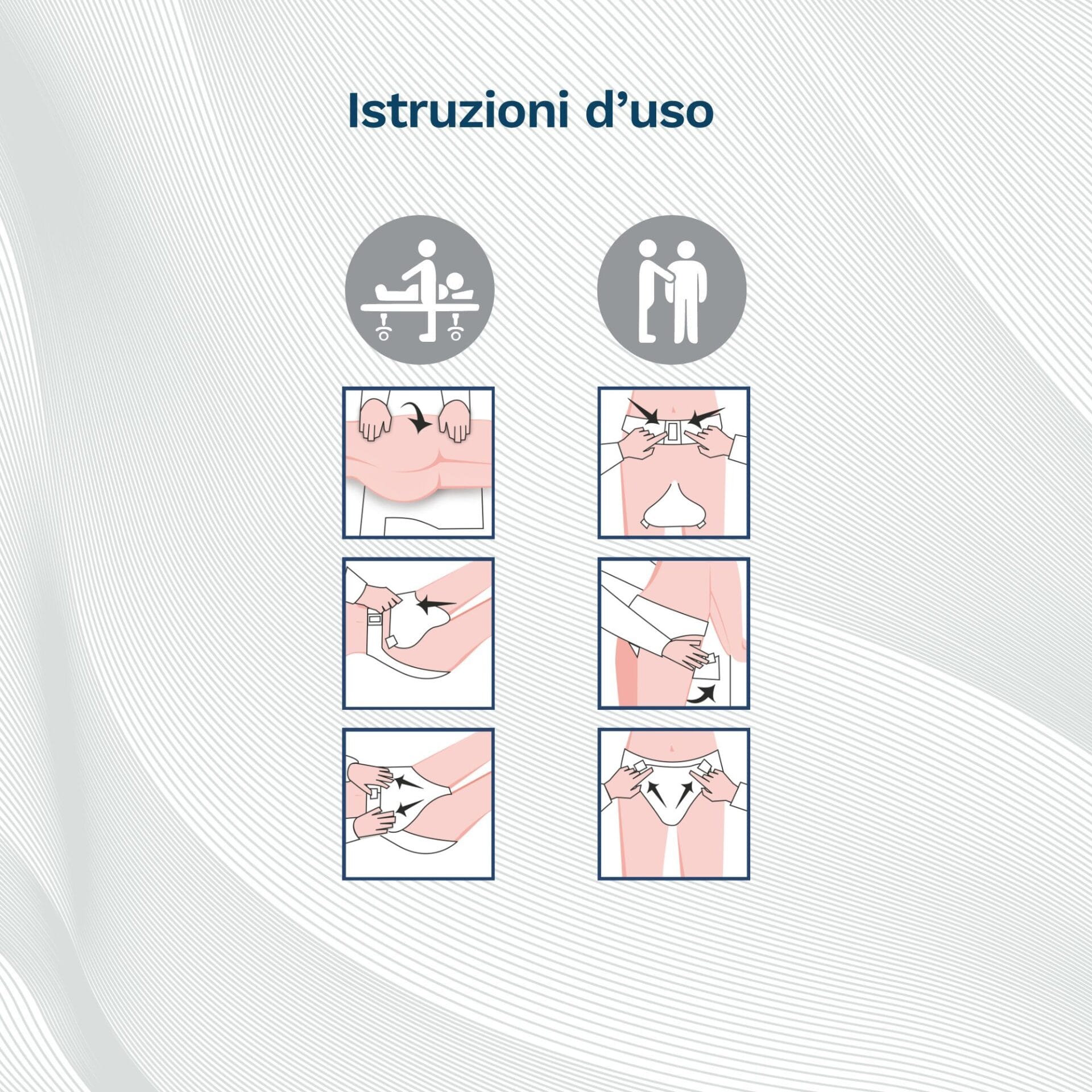 Istruzioni uso Egosan Pannoloni con Cintura, come indossare i Pannoloni stando in piedi o sdraiati