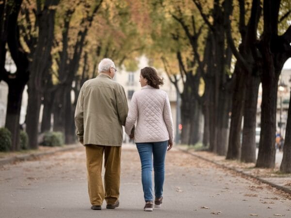 Coppia di anziani che passeggia in un parco autunnale, salute e benessere.