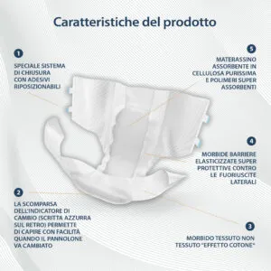 Caratteristiche Pannoloni Mutandina Egosan con barriere laterali, elastici giro-coscia, indicatore di umidità, fasce di chiusura lateriali, adesivi riposizionabili, super assorbenti, ipoallergenici