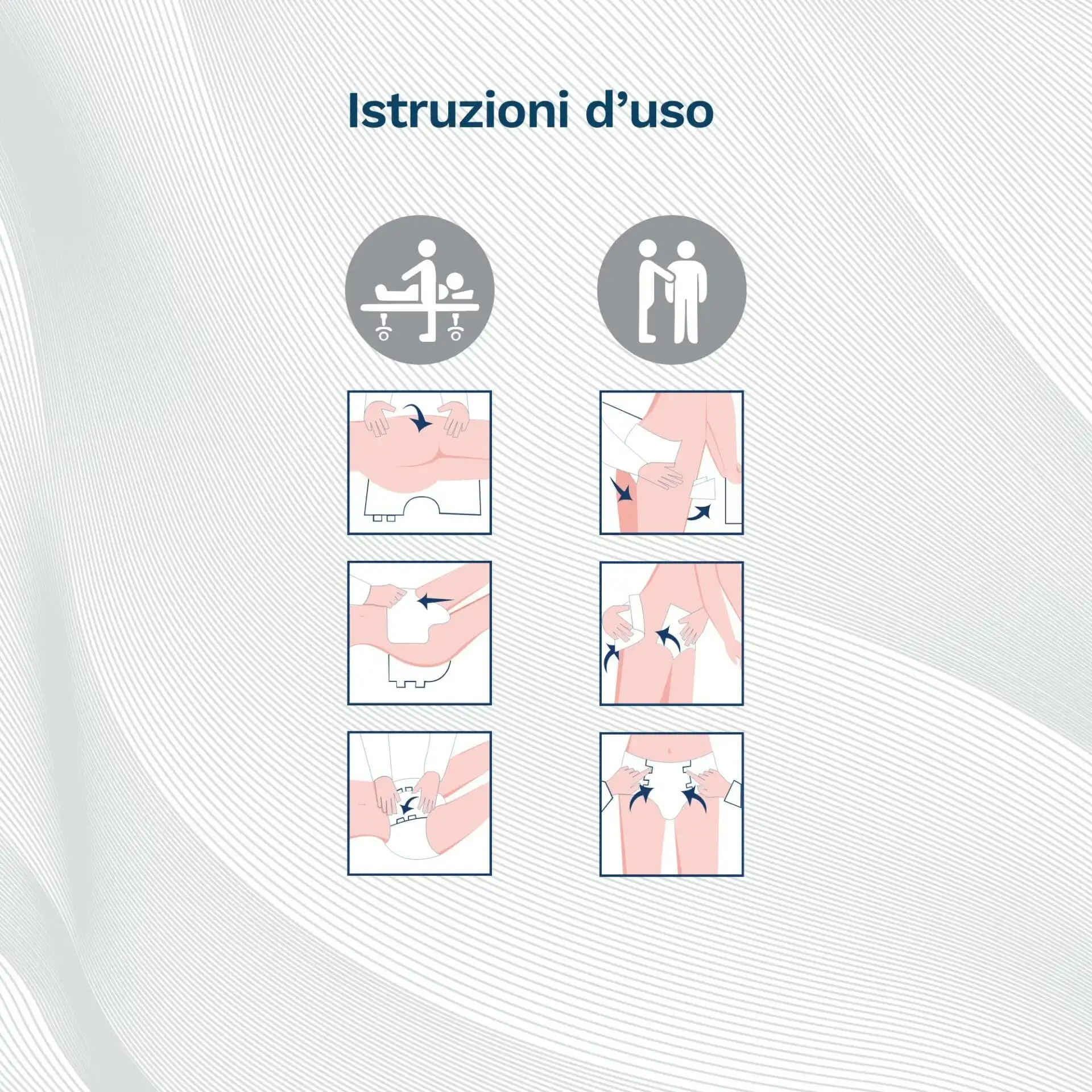 Istruzioni uso Egosan Pannoloni Mutandina, come indossare i Pannoloni stando in piedi o sdraiati